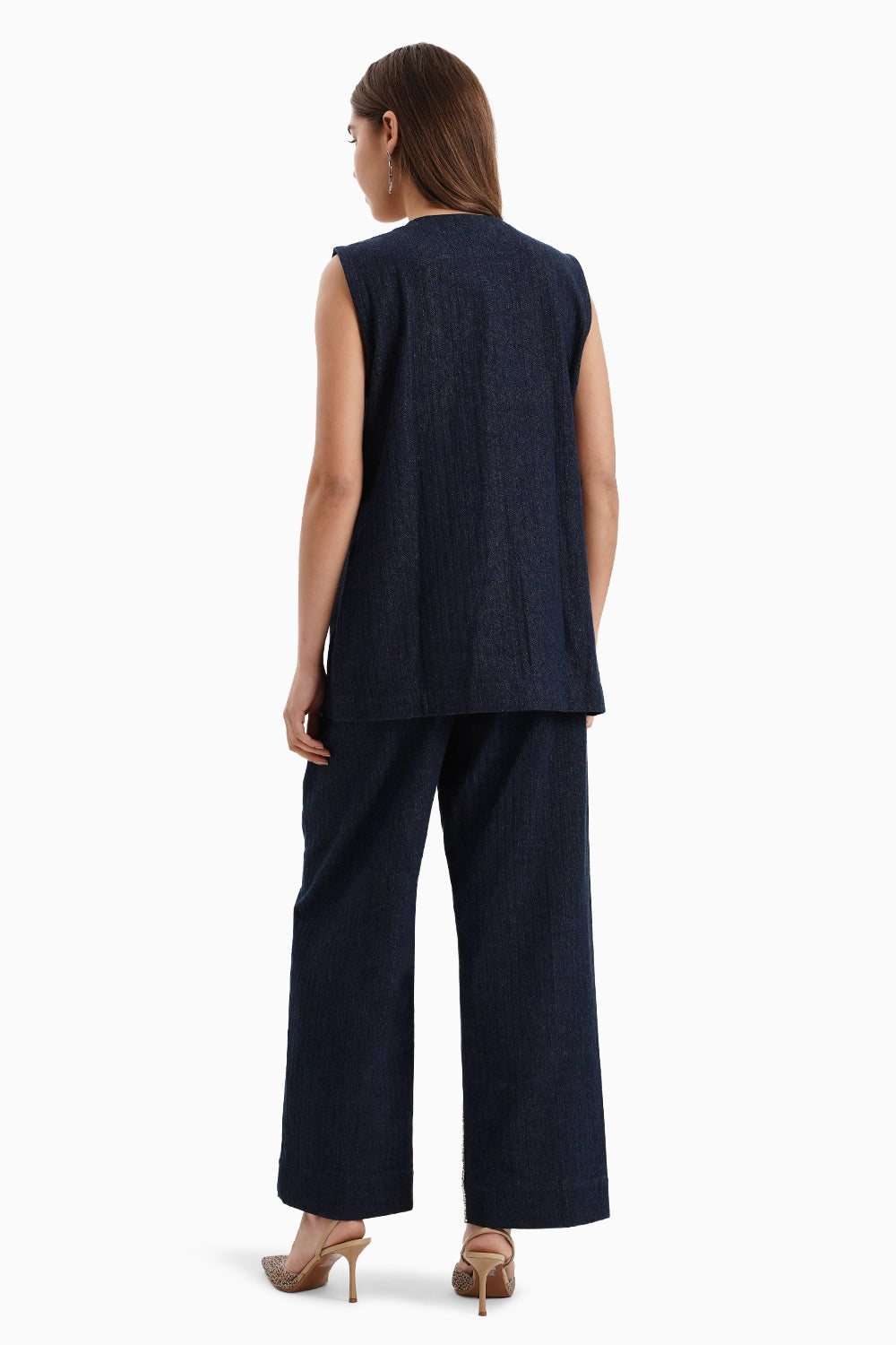 Dark Herringbone Denim Flower Jacket and Pants Set