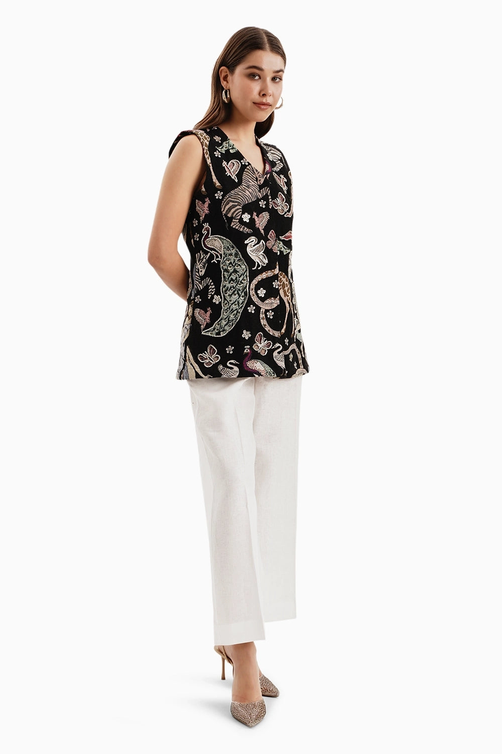 Safari Jungle Jacquard Jacket with White Linen Pants