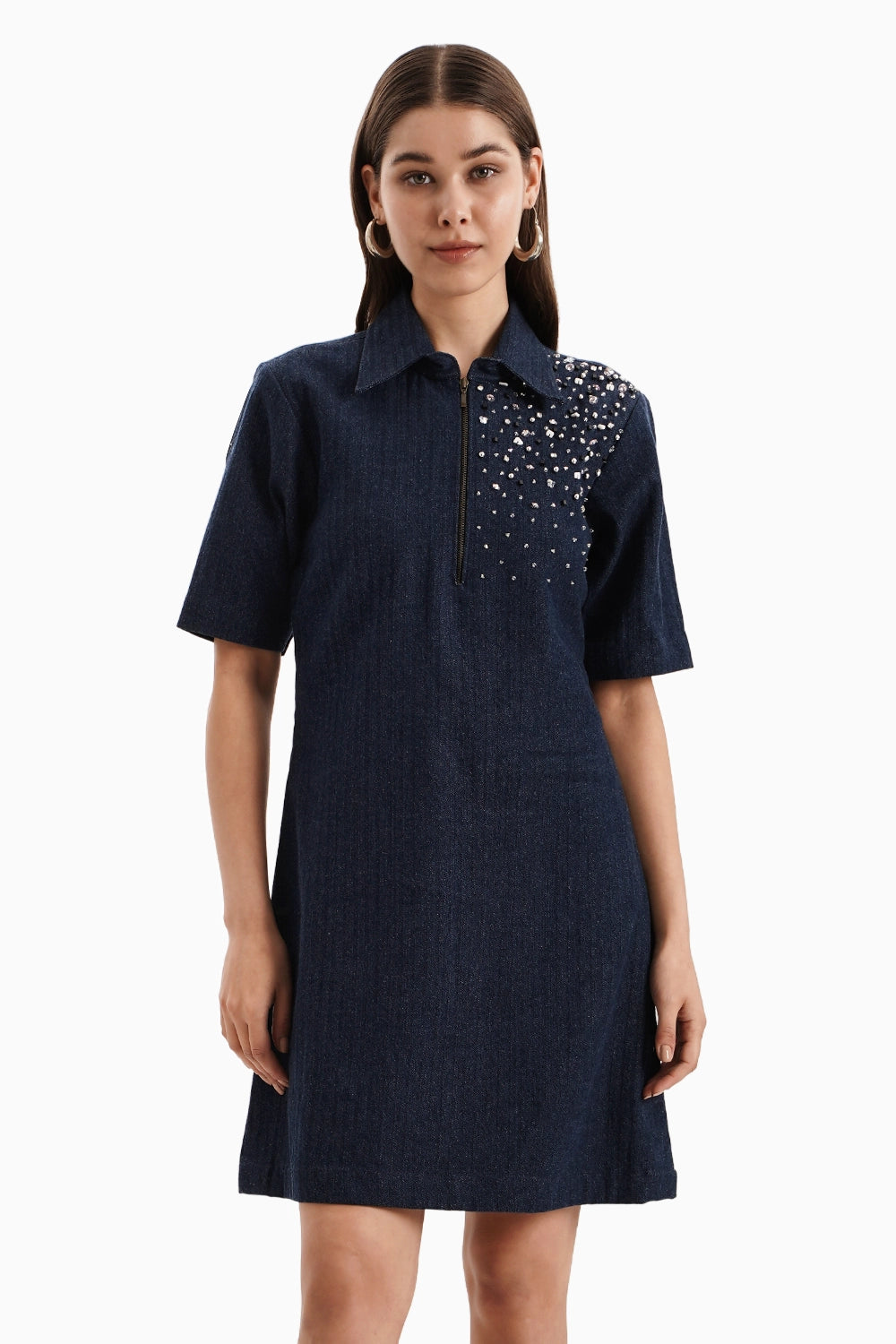 Dark Herringbone Denim Crystal Dress