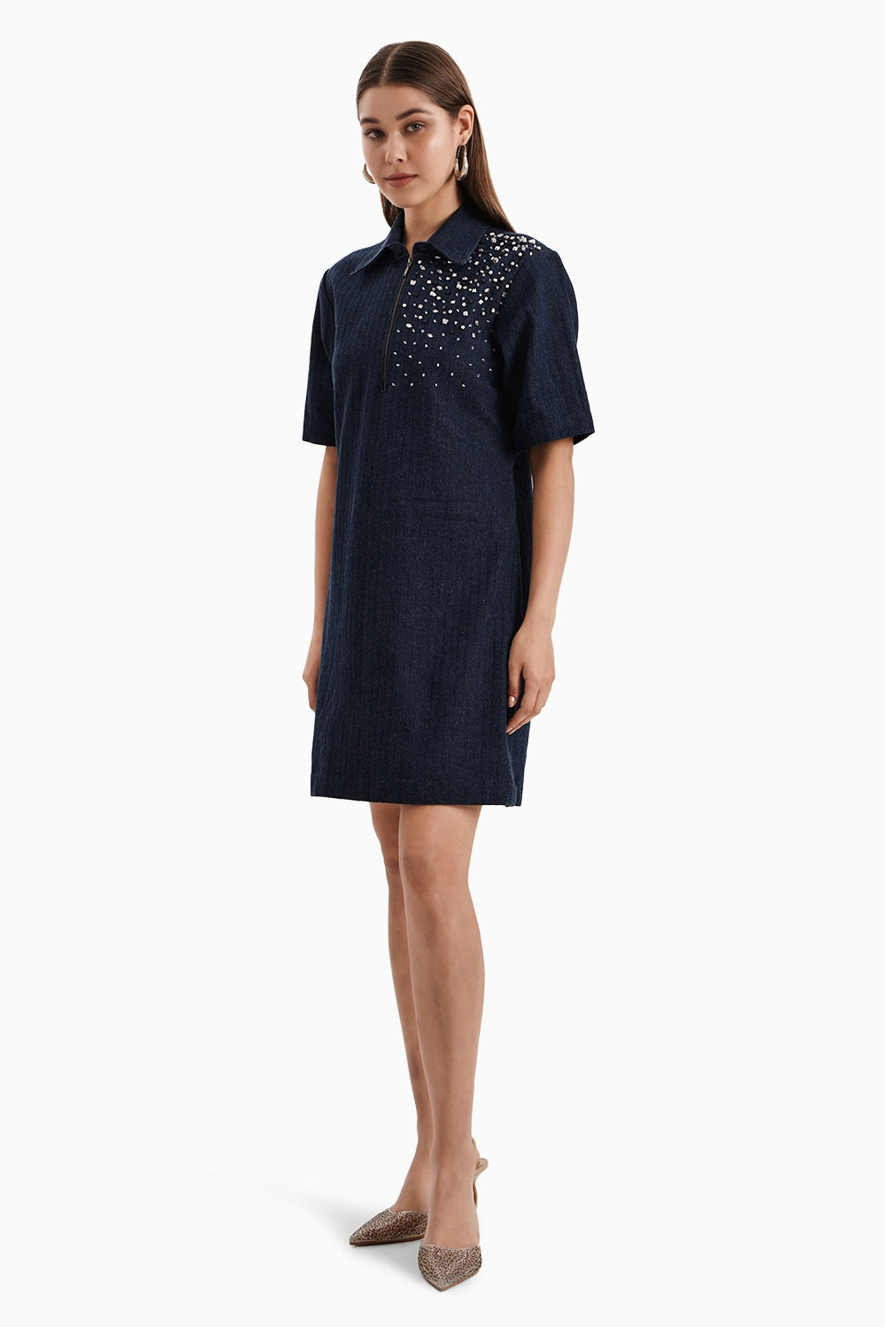 Dark Herringbone Denim Crystal Dress