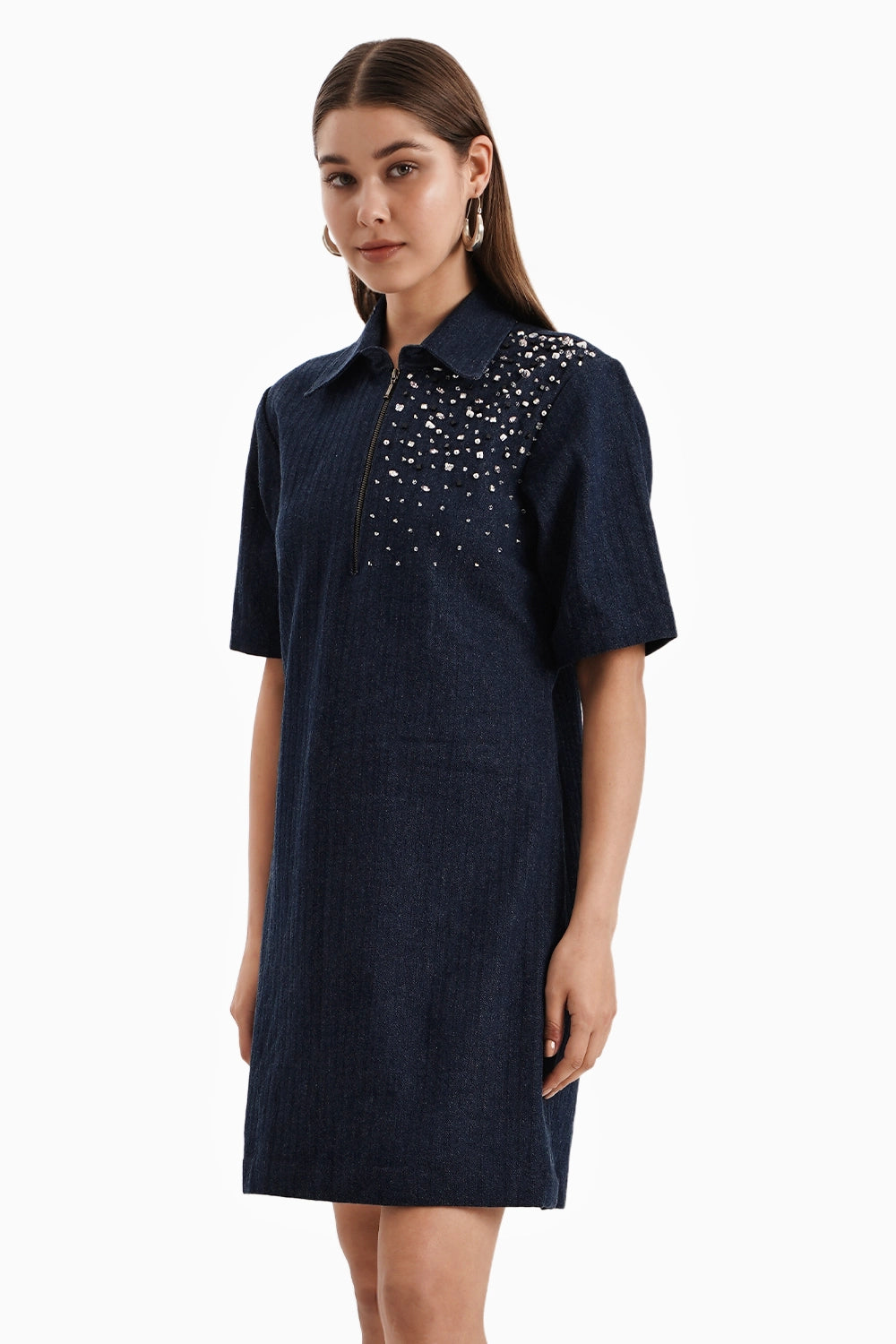 Dark Herringbone Denim Crystal Dress
