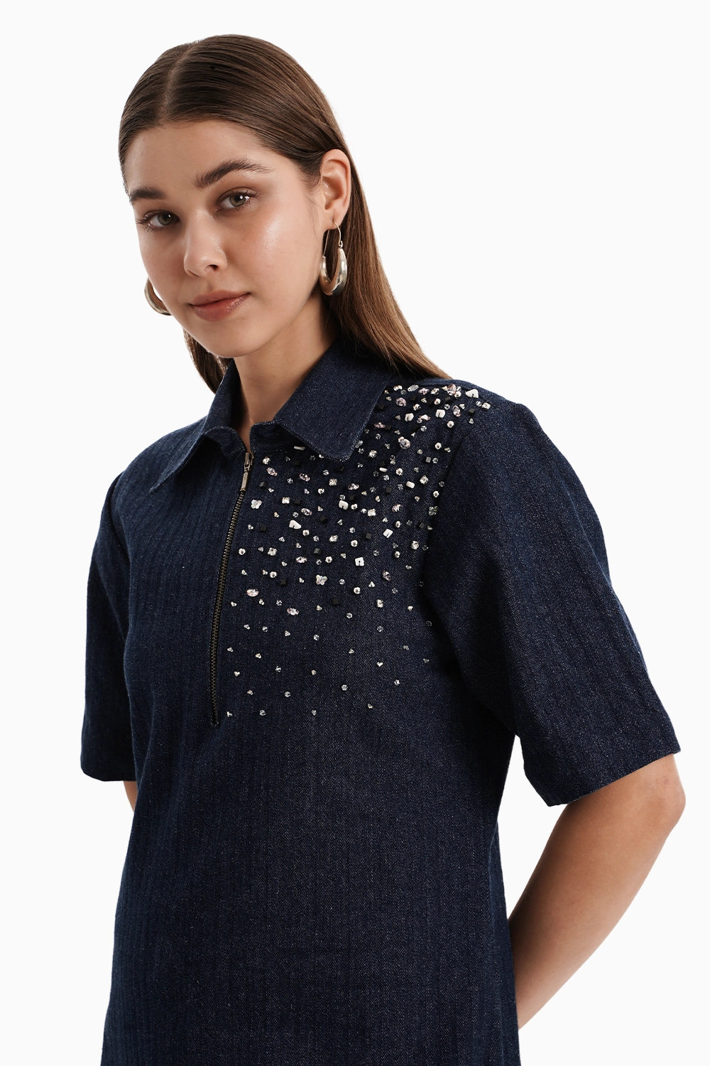Dark Herringbone Denim Crystal Dress
