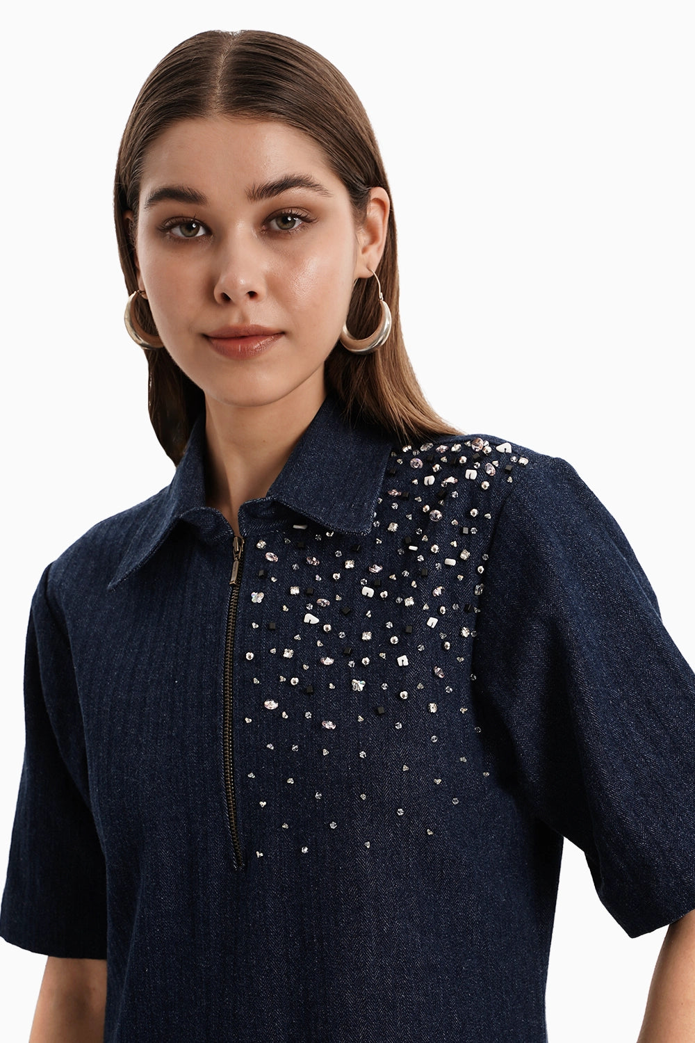 Dark Herringbone Denim Crystal Dress