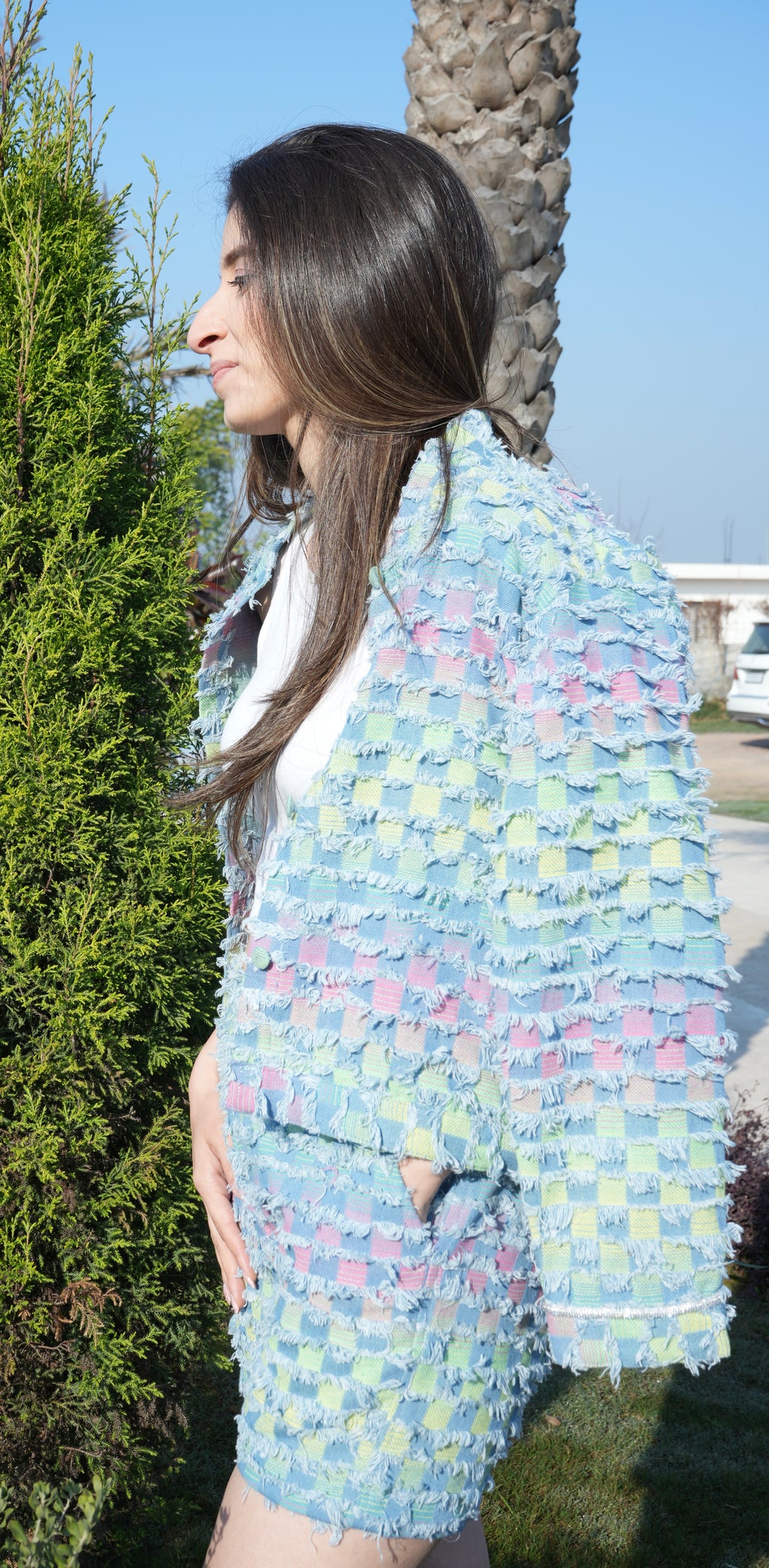 Shradha in Chequered Denim Jacket