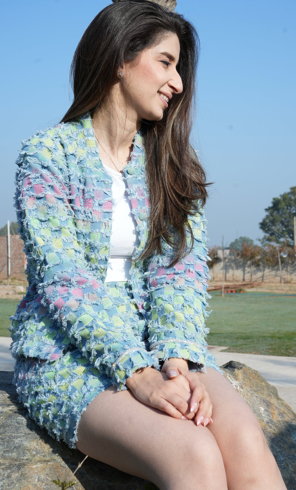 Shradha in Chequered Denim Jacket