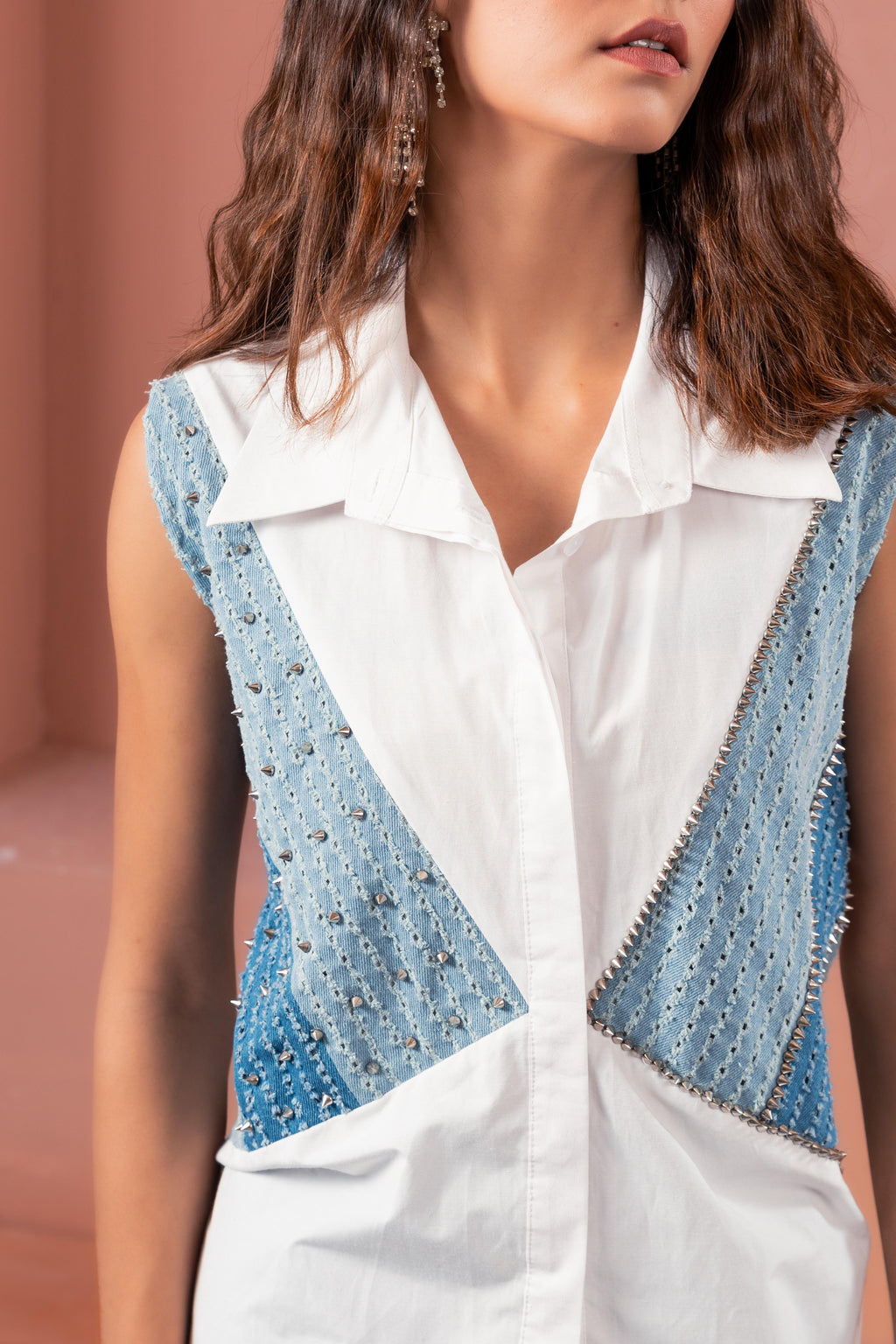 White Cotton 3 Panel Denim Shirt with Pants