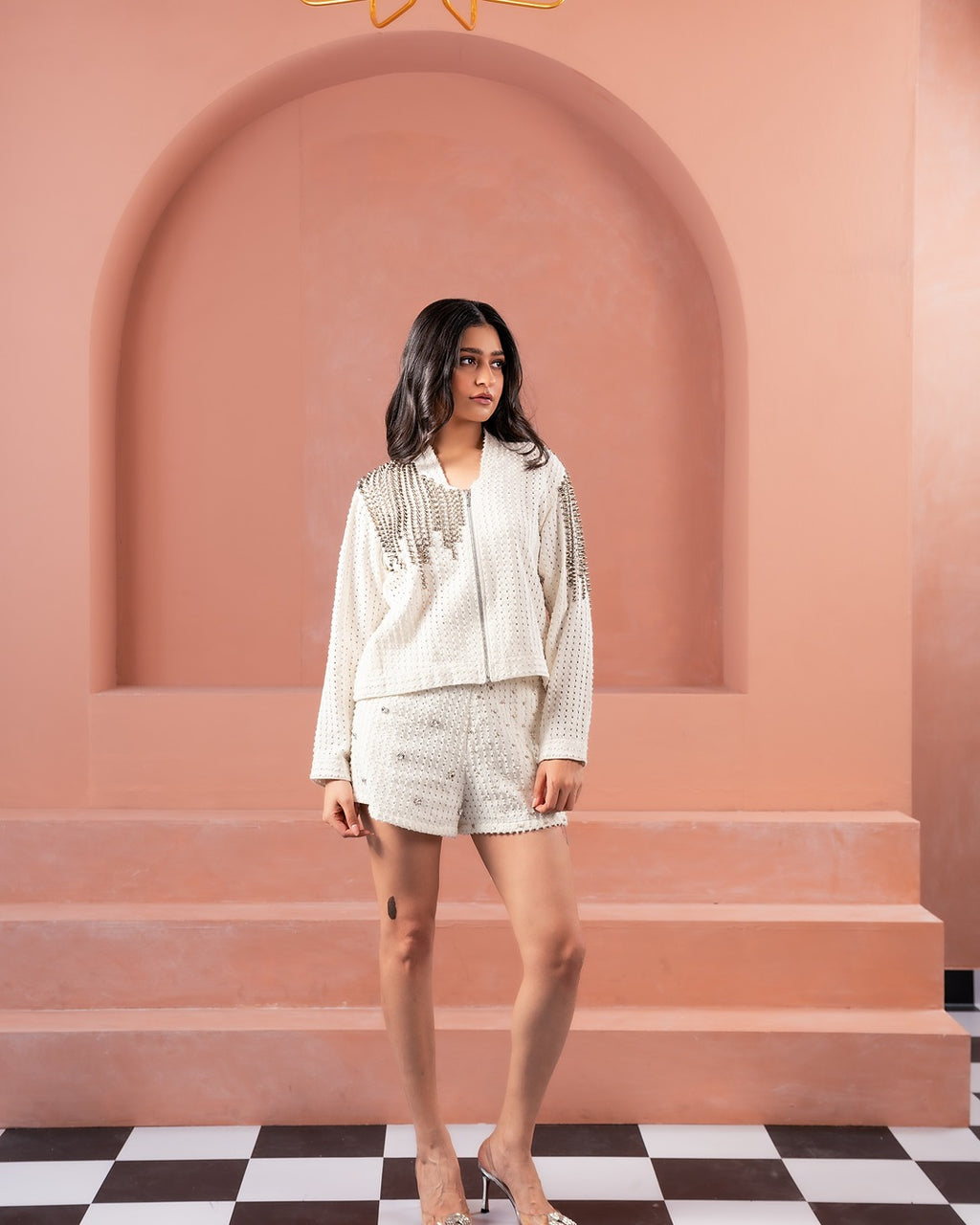 White Denim Embellished Jacket and Shorts