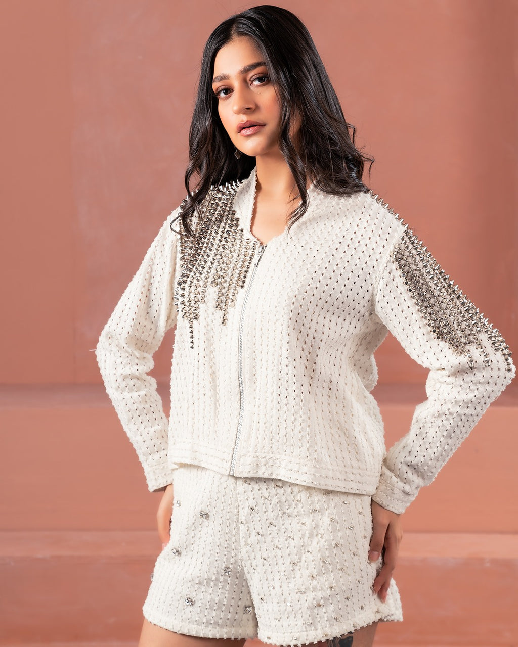 White Denim Embellished Jacket and Shorts