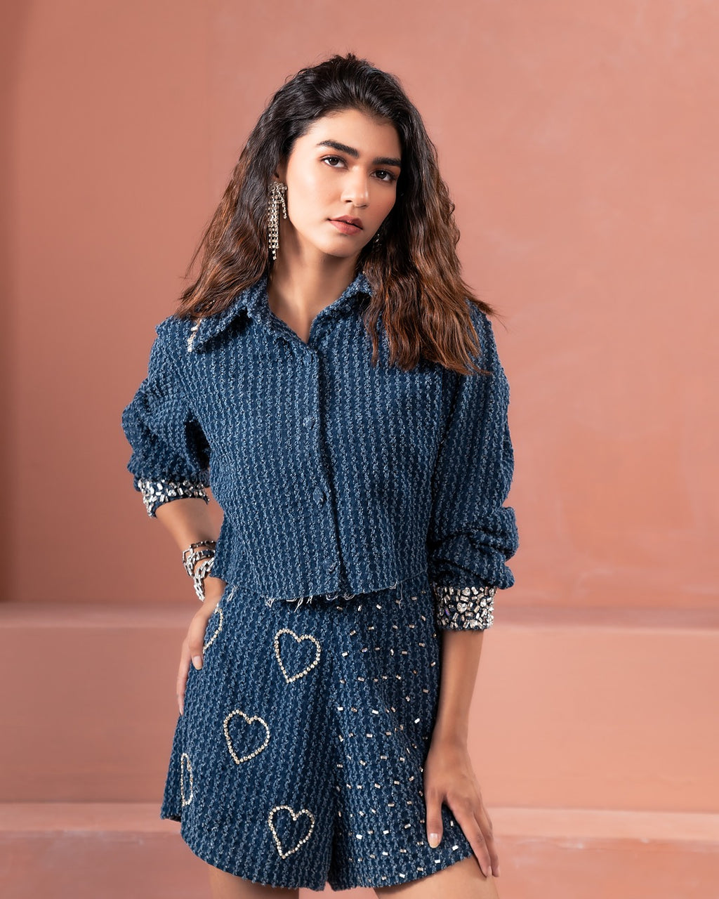 Dark Denim Crystal Crop Shirt and Shorts