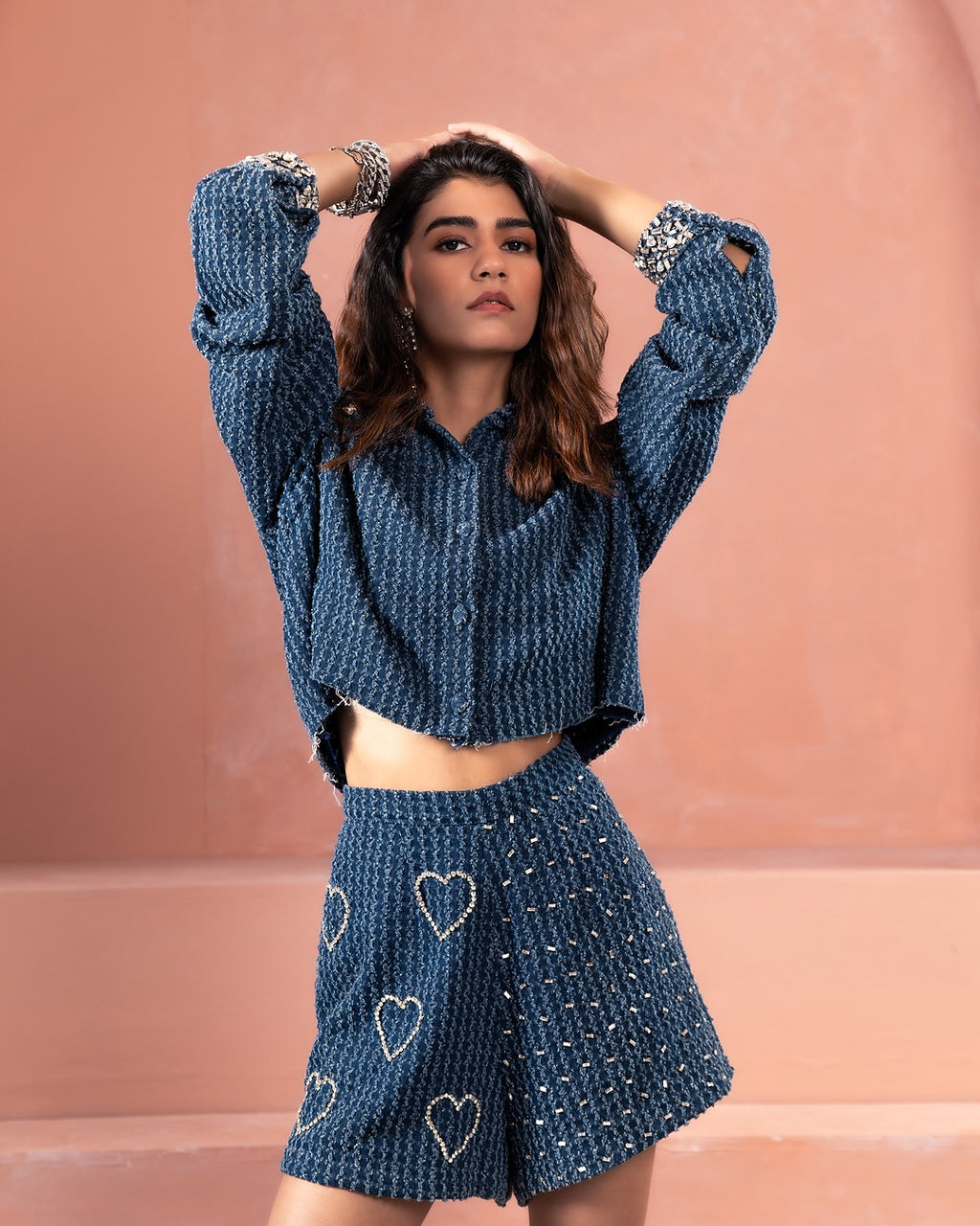 Dark Denim Crystal Crop Shirt and Shorts