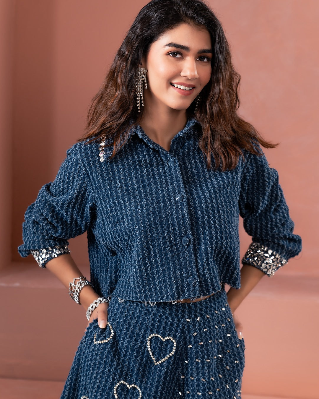 Dark Denim Crystal Crop Shirt and Shorts