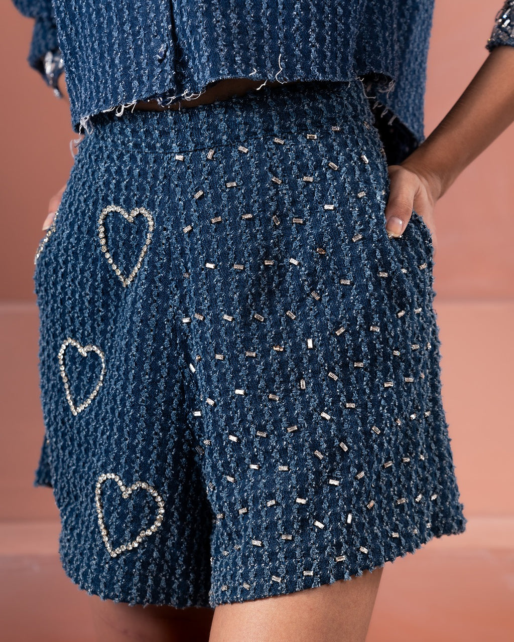 Dark Denim Crystal Crop Shirt and Shorts