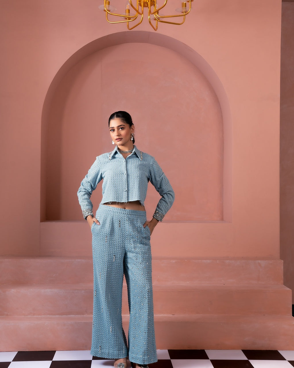 Denim Crystal Crop Shirt and Pants