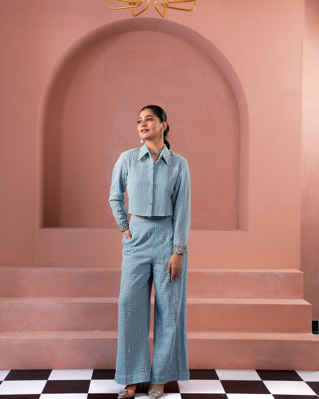 Denim Crystal Crop Shirt and Pants