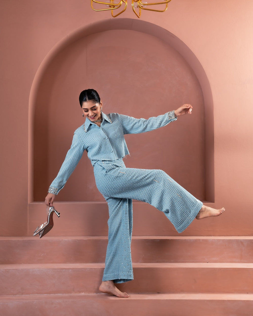 Denim Crystal Crop Shirt and Pants