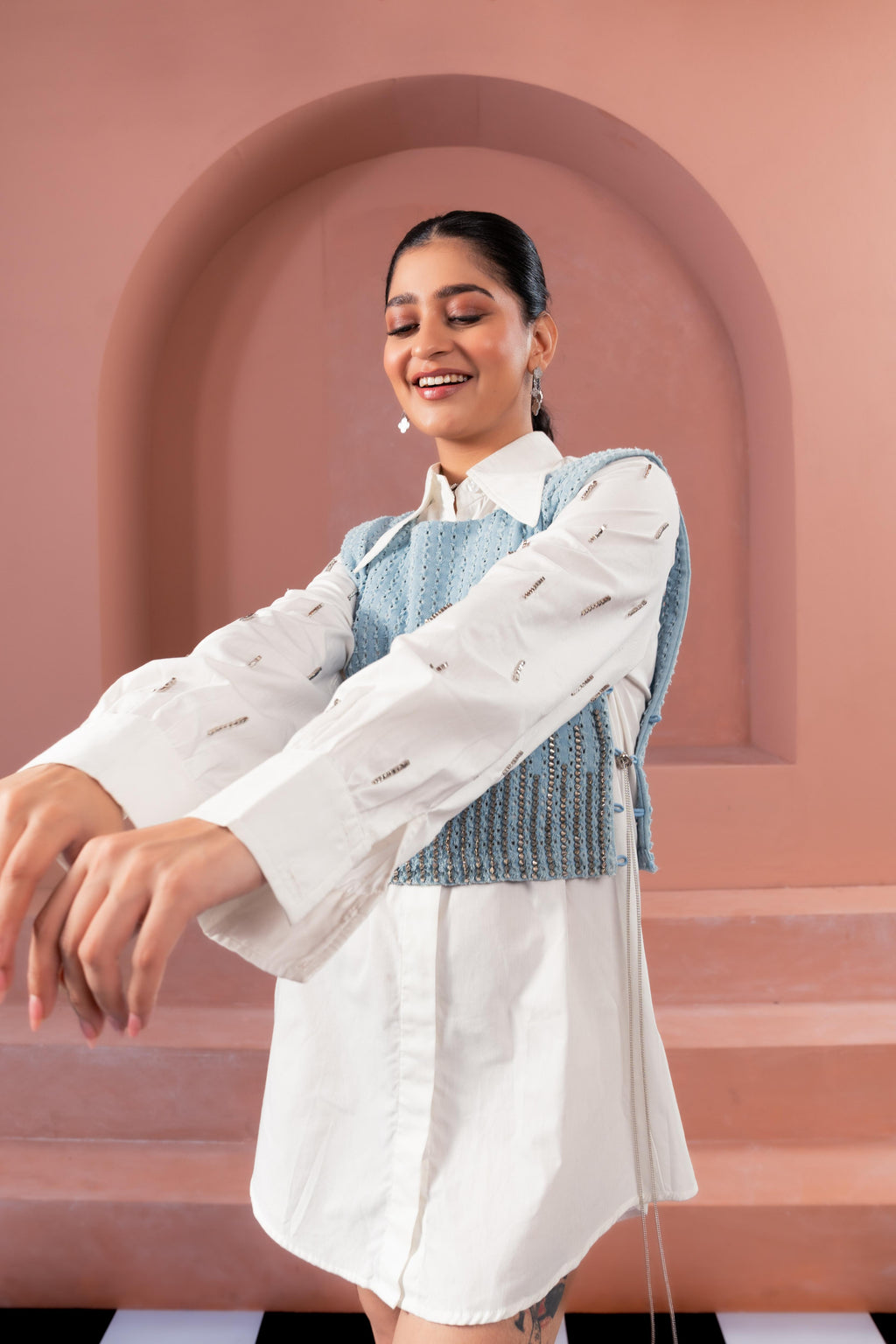 White Dress Shirt with Denim Lazercut Bib