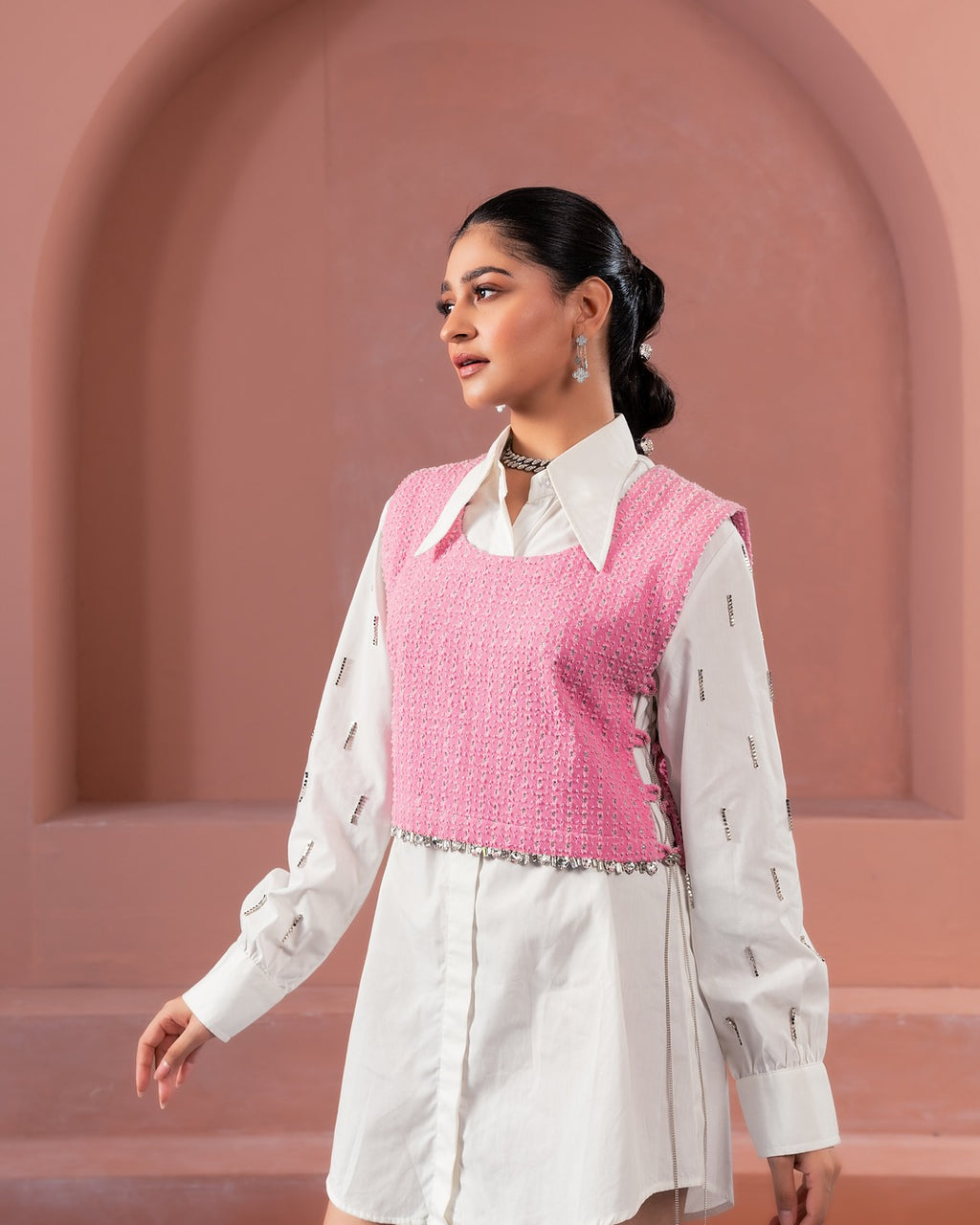 White Dress Shirt with Pink Lazercut Bib