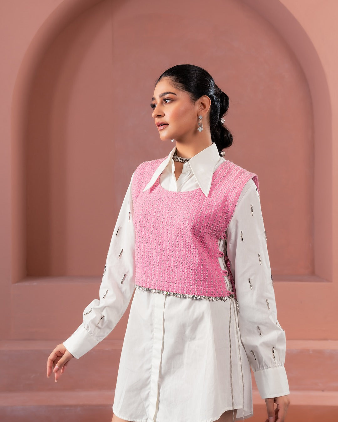 White Dress Shirt with Pink Lazercut Bib