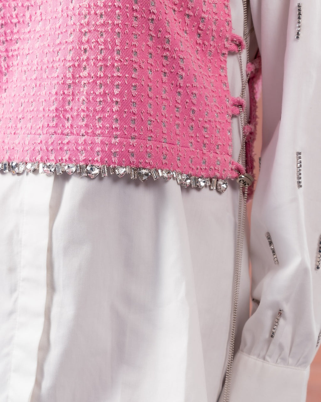 White Dress Shirt with Pink Lazercut Bib