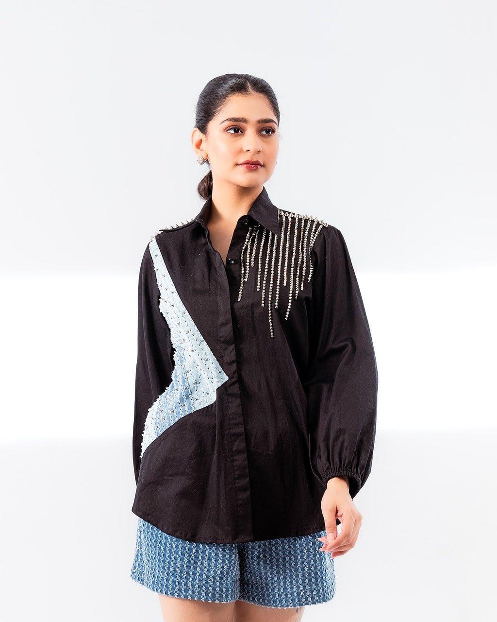 Black Cotton 3 Panel Shirt and Shorts