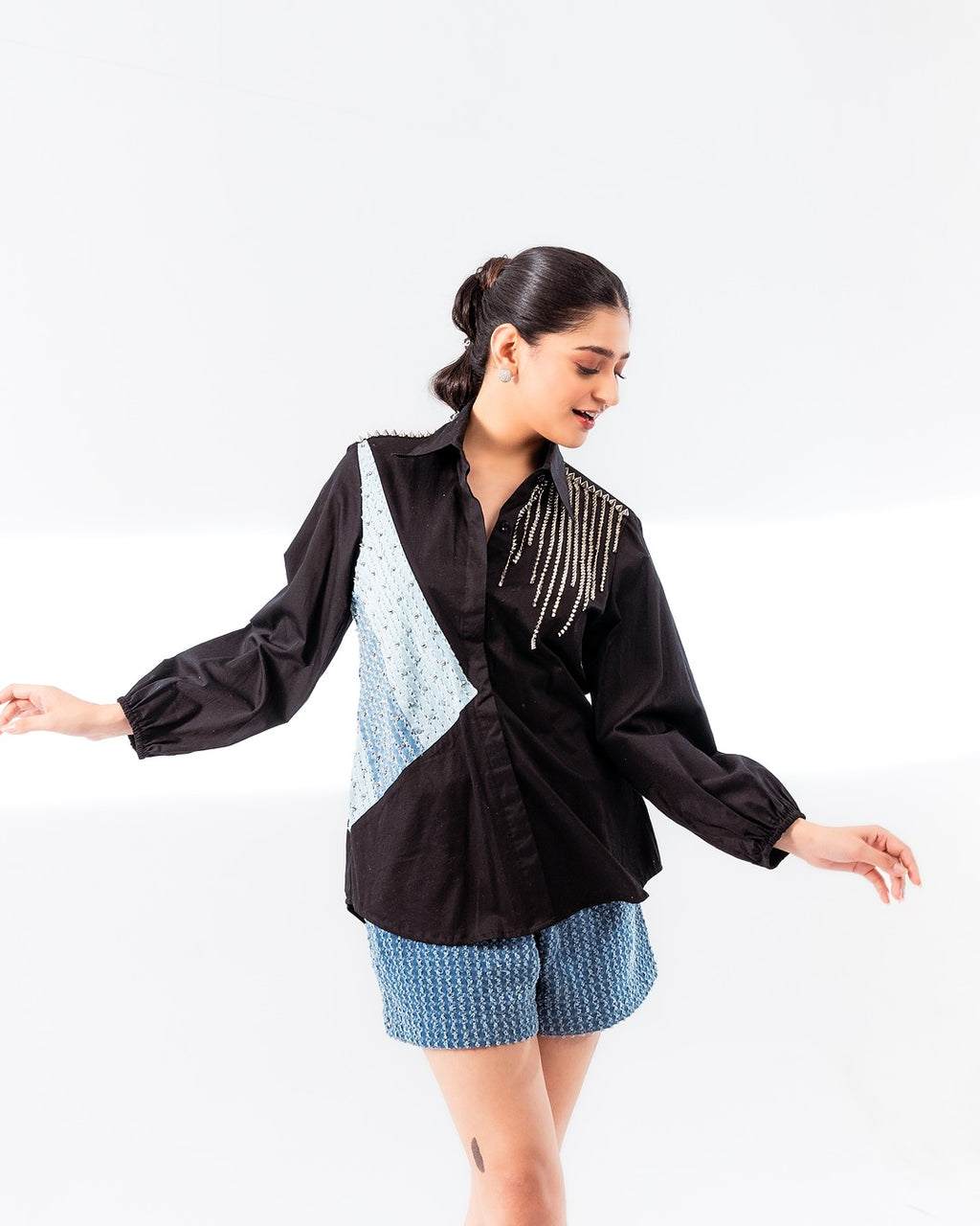 Black Cotton 3 Panel Shirt and Shorts