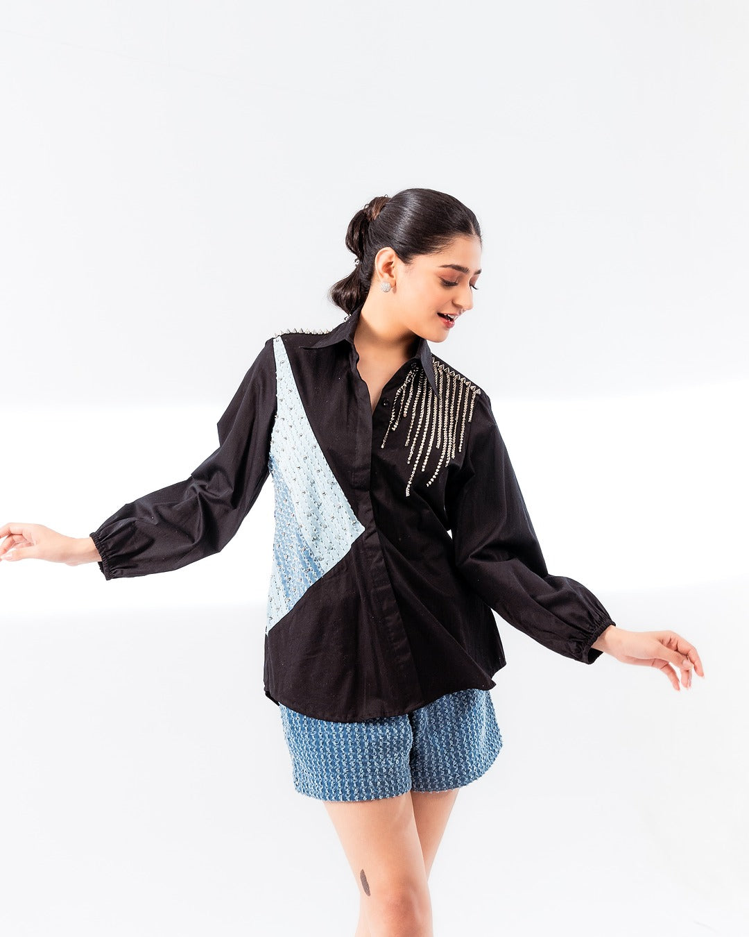 Black Cotton 3 Panel Shirt and Shorts