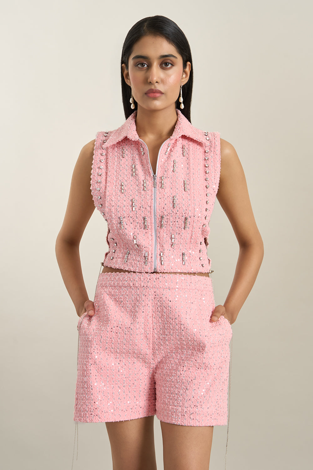 Peach Denim Collar Zip Embellished Bib and Shorts Set