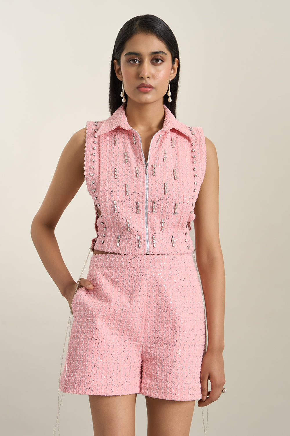 Peach Denim Collar Zip Embellished Bib and Shorts Set