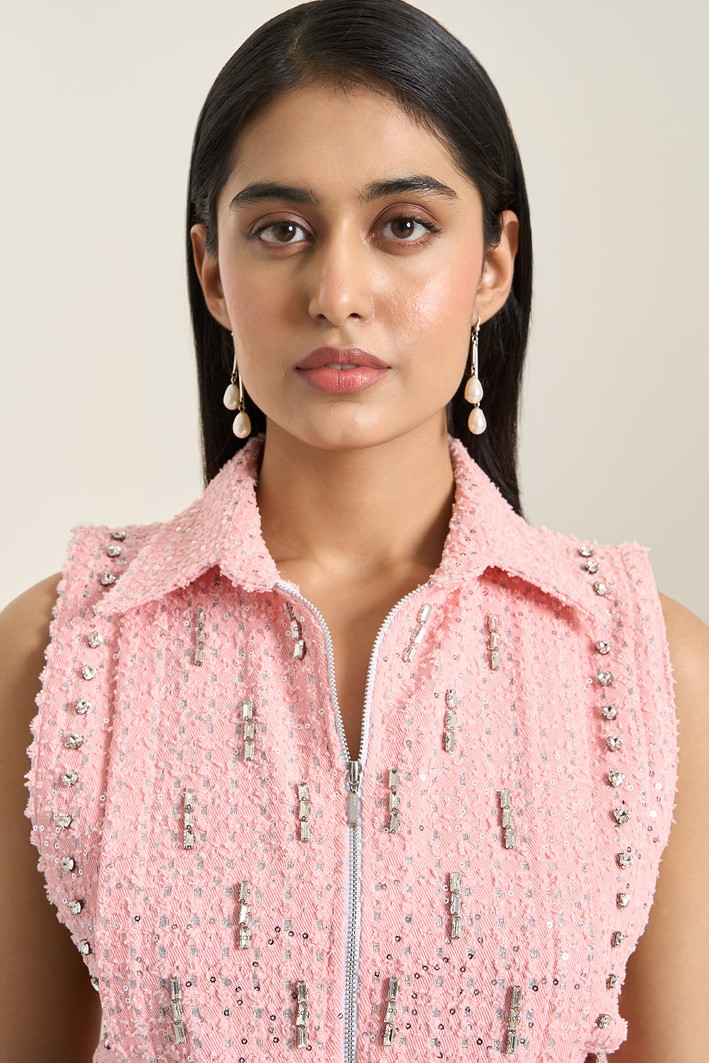 Peach Denim Collar Zip Embellished Bib and Shorts Set