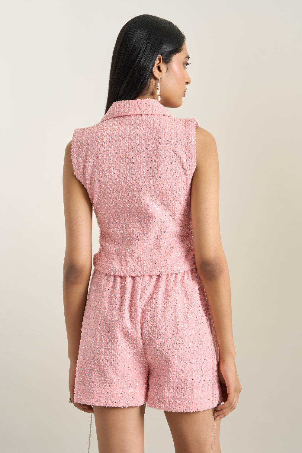 Peach Denim Collar Zip Embellished Bib and Shorts Set