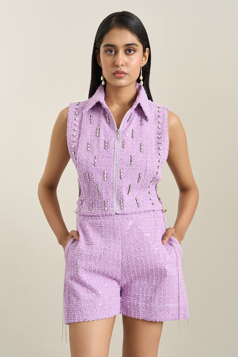 Purple Denim Collar Zip Embellished Bib and Shorts Set
