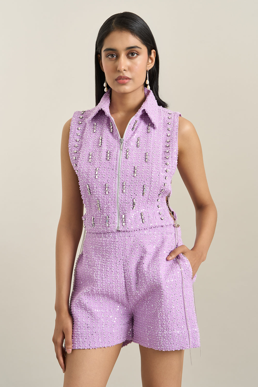 Purple Denim Collar Zip Embellished Bib and Shorts Set