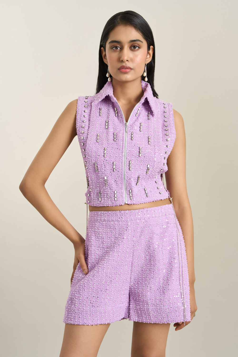 Purple Denim Collar Zip Embellished Bib and Shorts Set