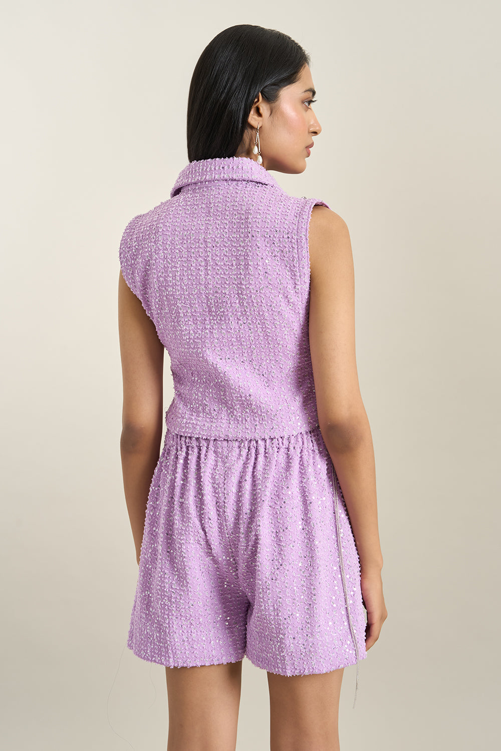 Purple Denim Collar Zip Embellished Bib and Shorts Set