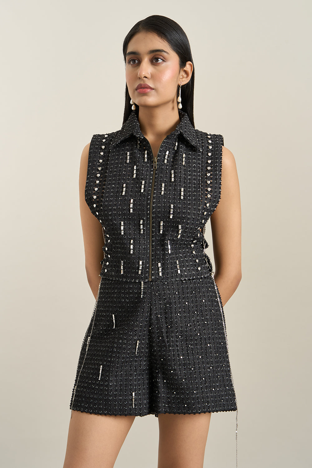 Black Denim Collar Zip Embellished Bib and Shorts Set