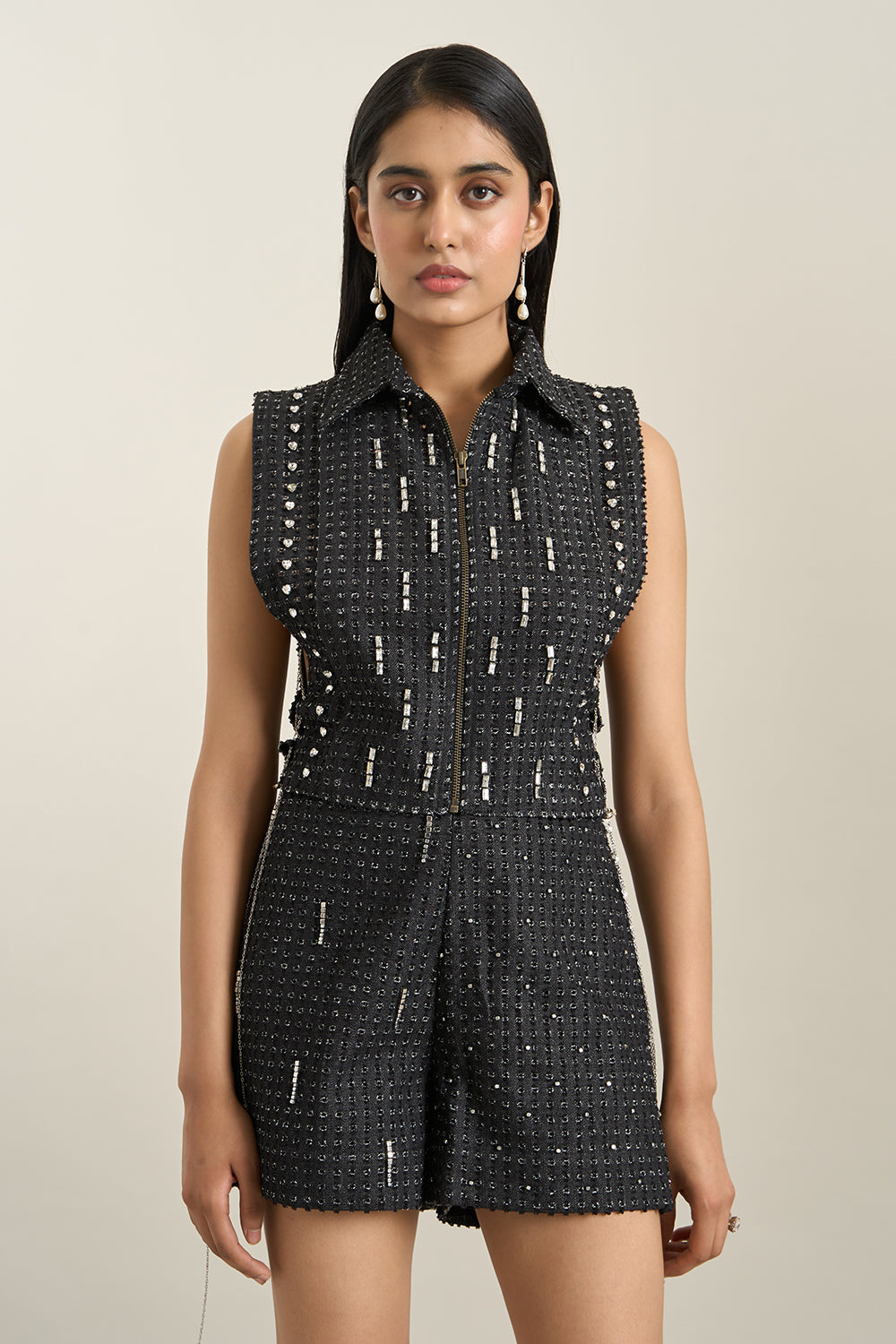 Black Denim Collar Zip Embellished Bib and Shorts Set