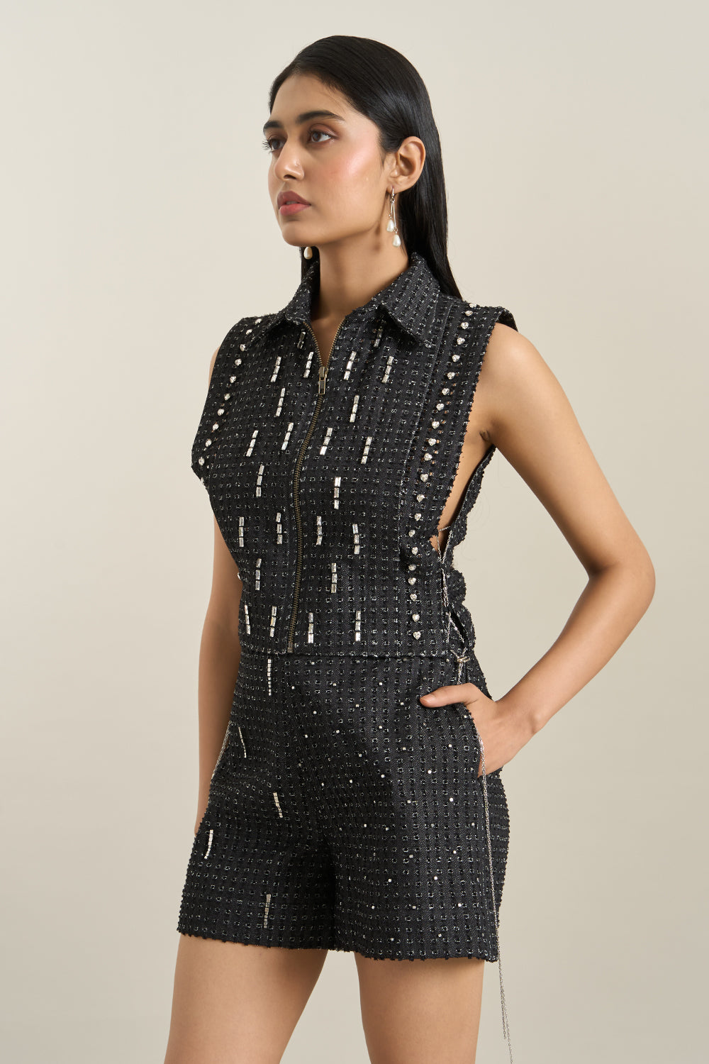 Black Denim Collar Zip Embellished Bib and Shorts Set