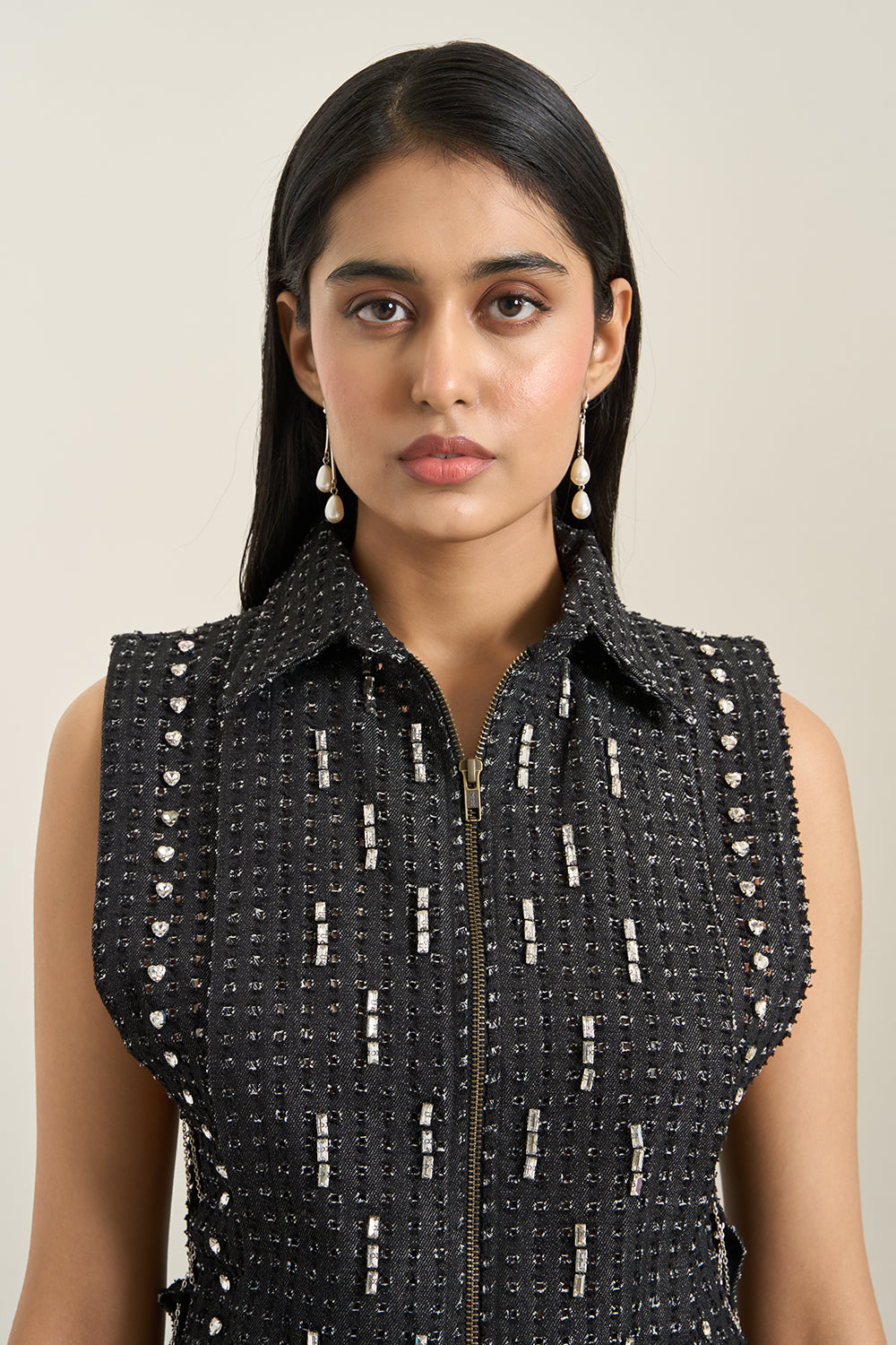 Black Denim Collar Zip Embellished Bib and Shorts Set
