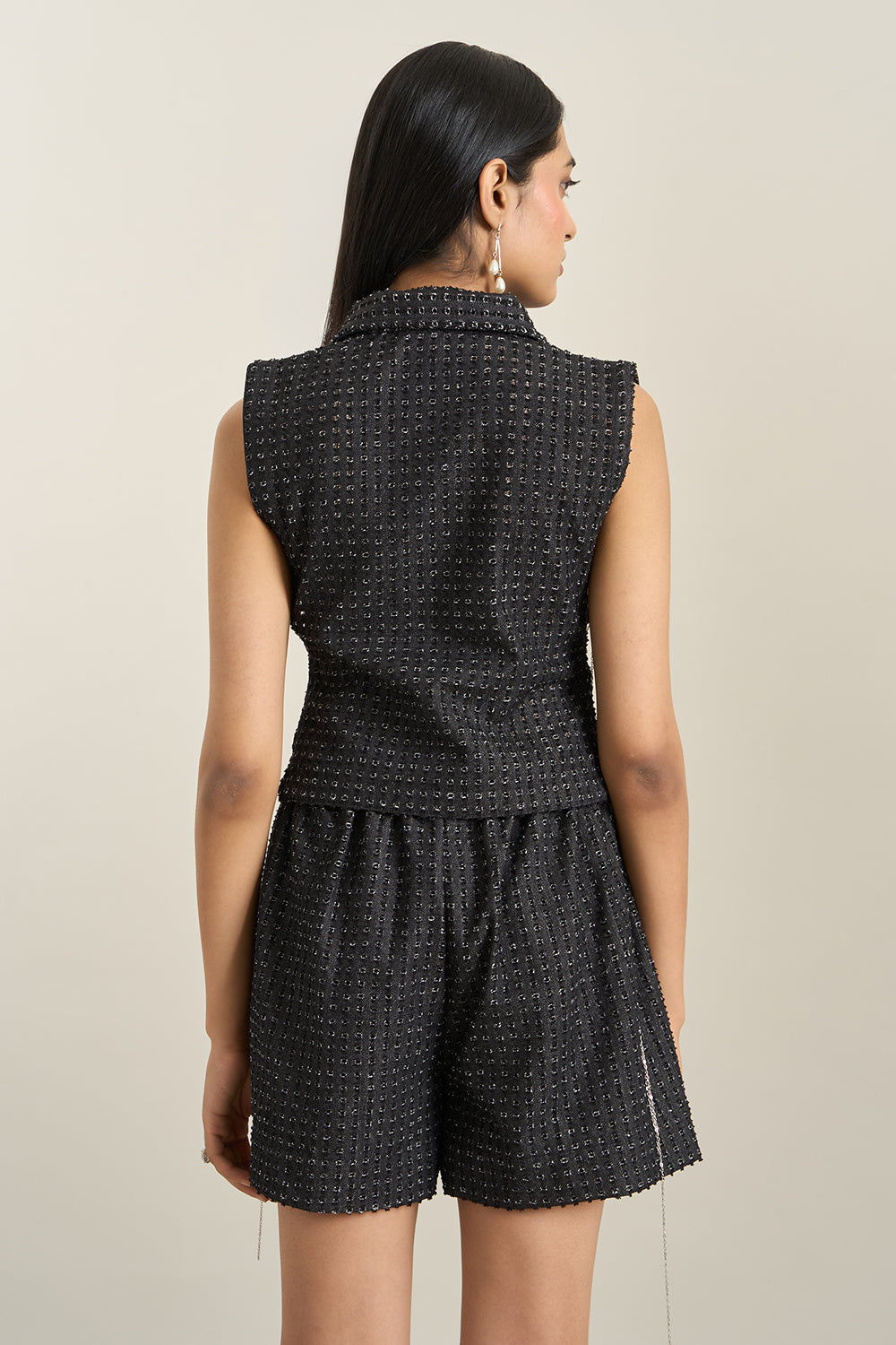 Black Denim Collar Zip Embellished Bib and Shorts Set