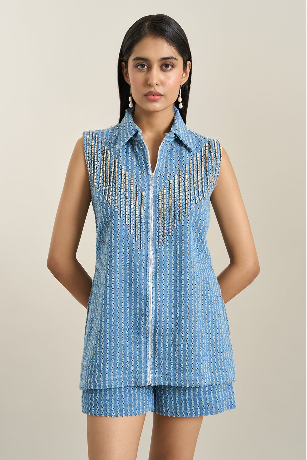 Medium Blue Denim Lazercut Jacket and Shorts Set