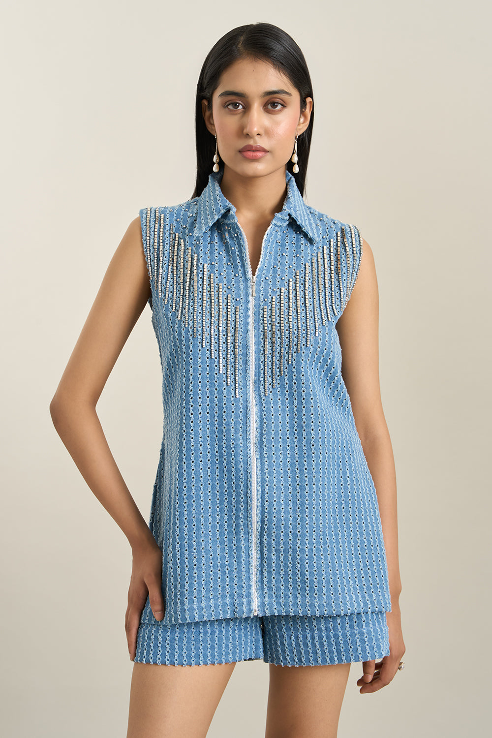 Medium Blue Denim Lazercut Jacket and Shorts Set