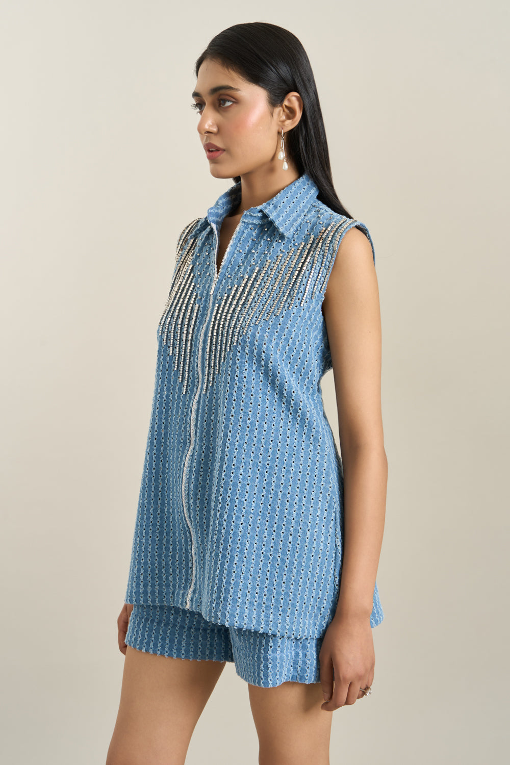 Medium Blue Denim Lazercut Jacket and Shorts Set