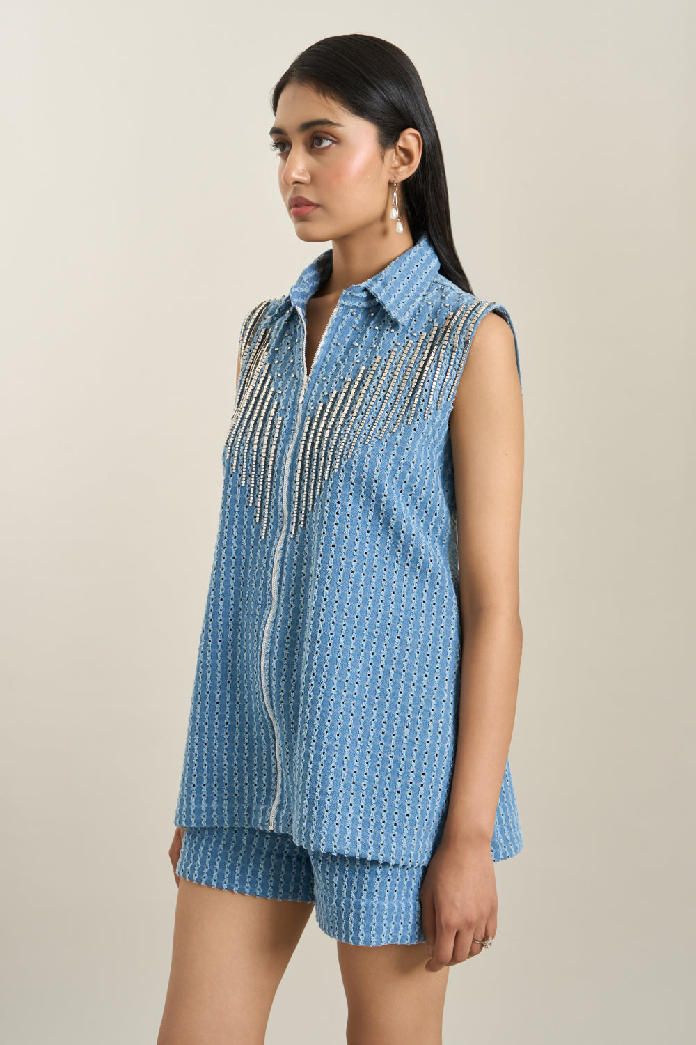 Medium Blue Denim Lazercut Jacket and Shorts Set