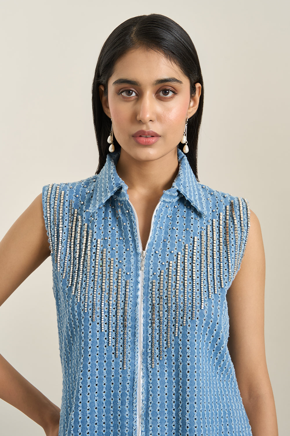 Medium Blue Denim Lazercut Jacket and Shorts Set