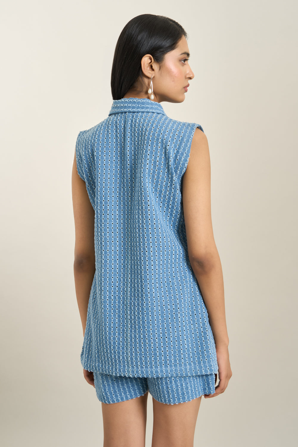 Medium Blue Denim Lazercut Jacket and Shorts Set