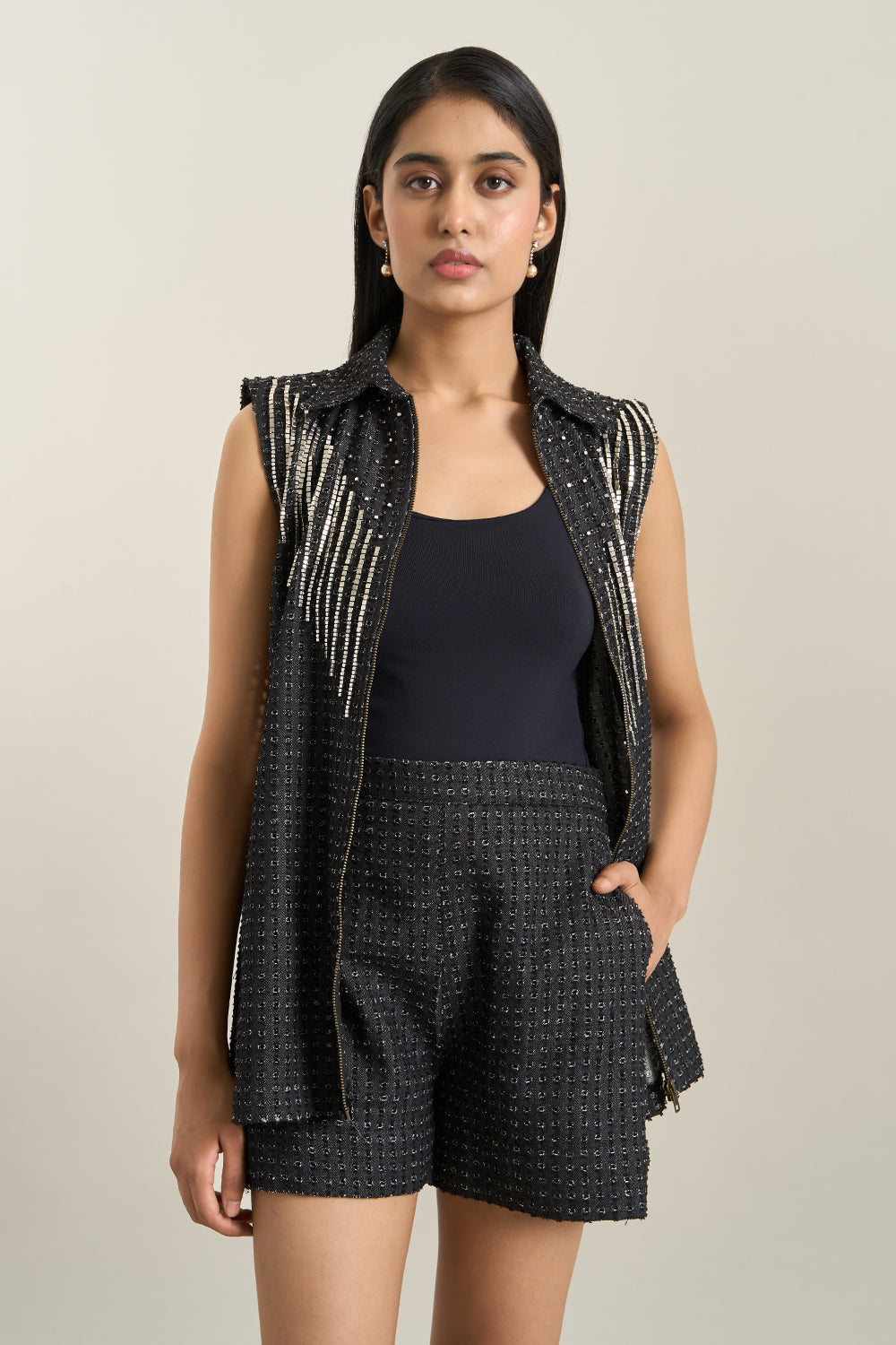 Black Denim Lazercut Jacket and Shorts Set