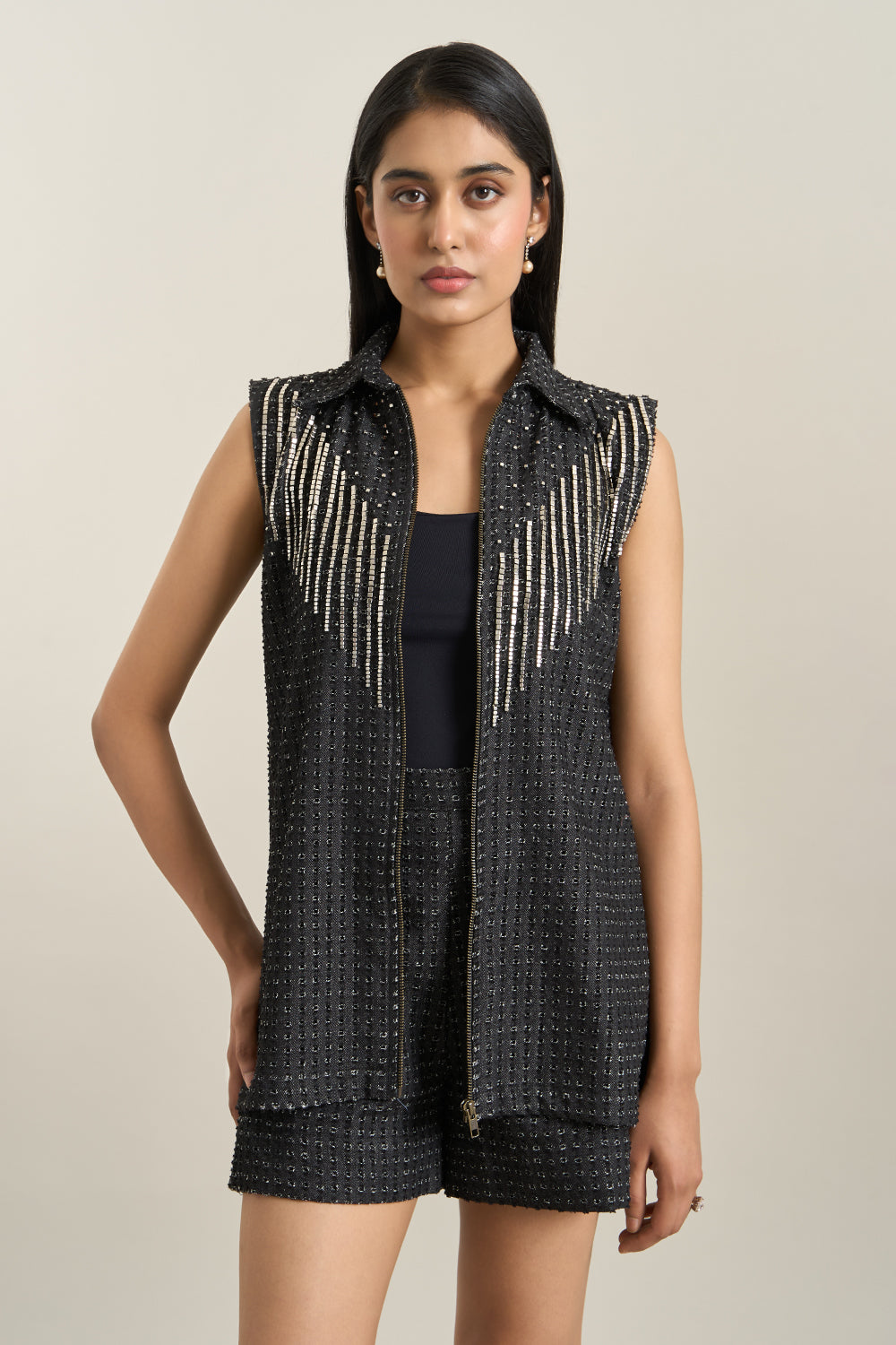 Black Denim Lazercut Jacket and Shorts Set