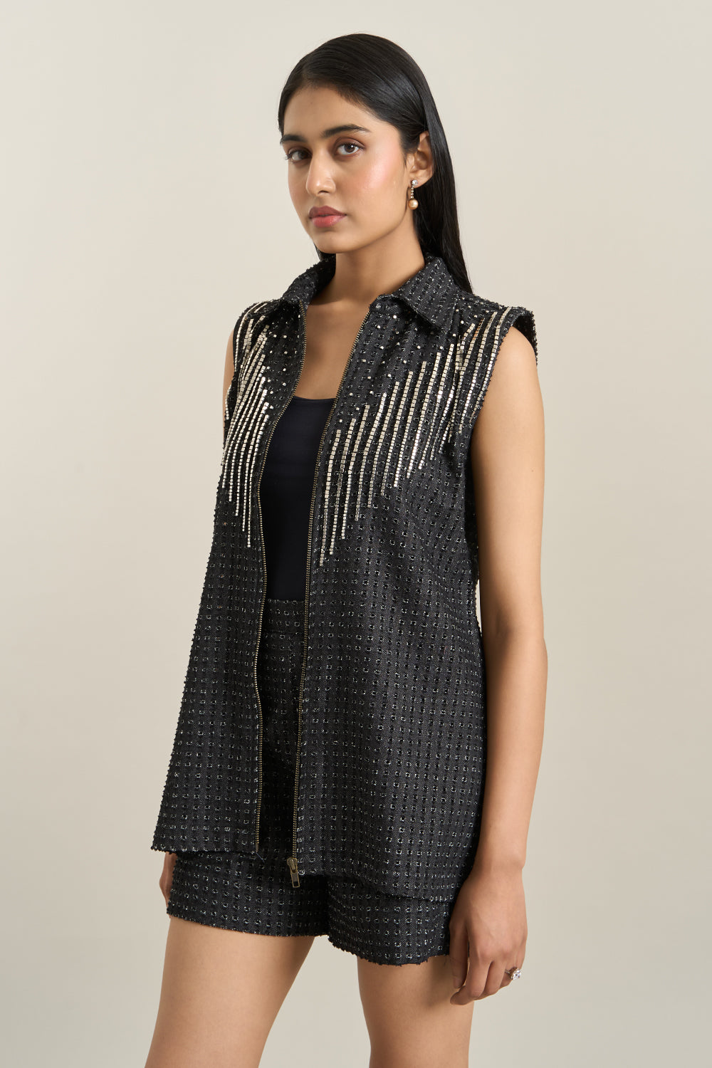 Black Denim Lazercut Jacket and Shorts Set