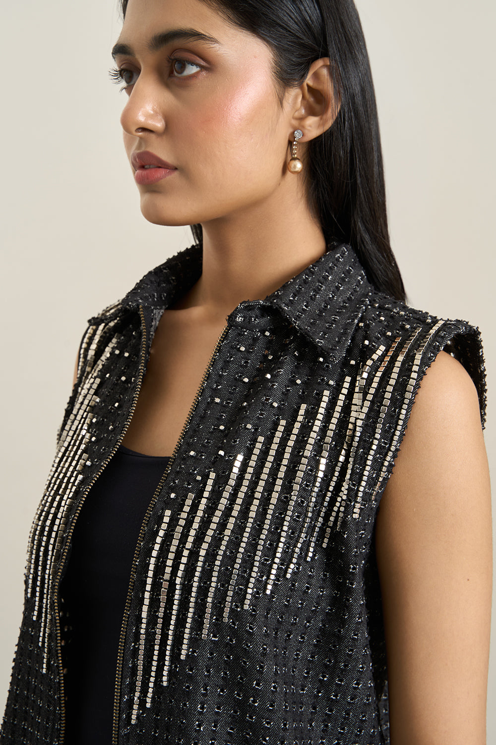 Black Denim Lazercut Jacket and Shorts Set