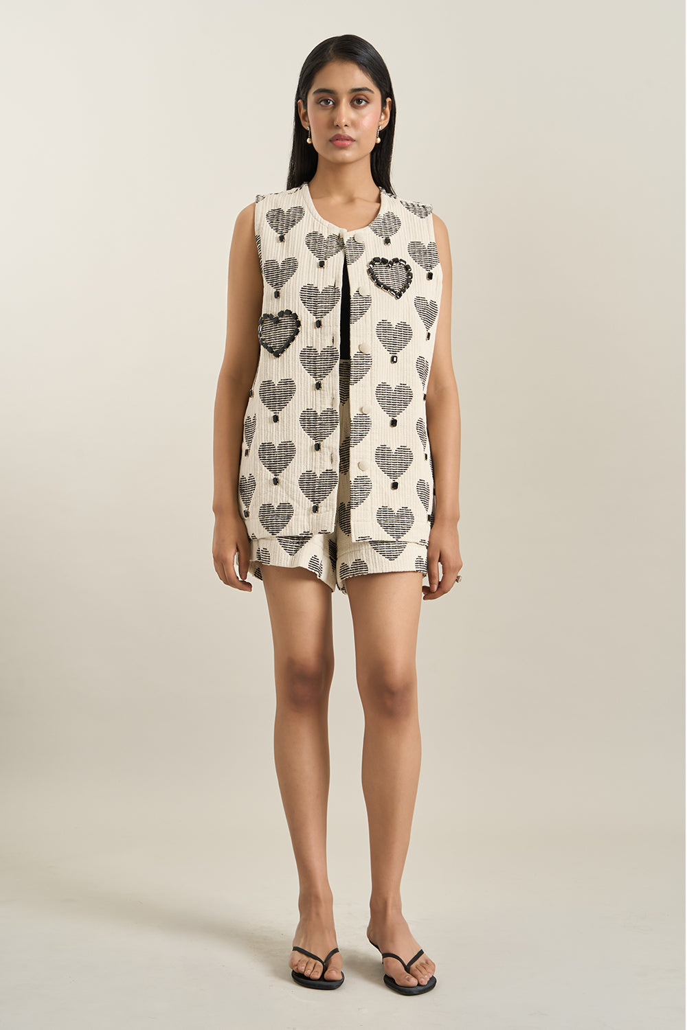 Black Heart Jacquard Jacket and Shorts Set